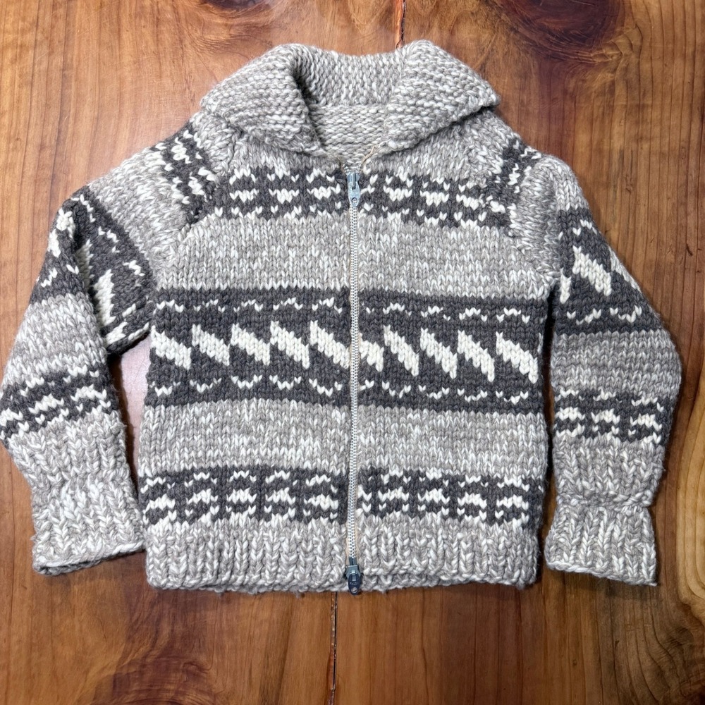 Vintage Cowichan Sweater Jacket Long Sleeve Wool Full Zip Shawl Collar V3-13